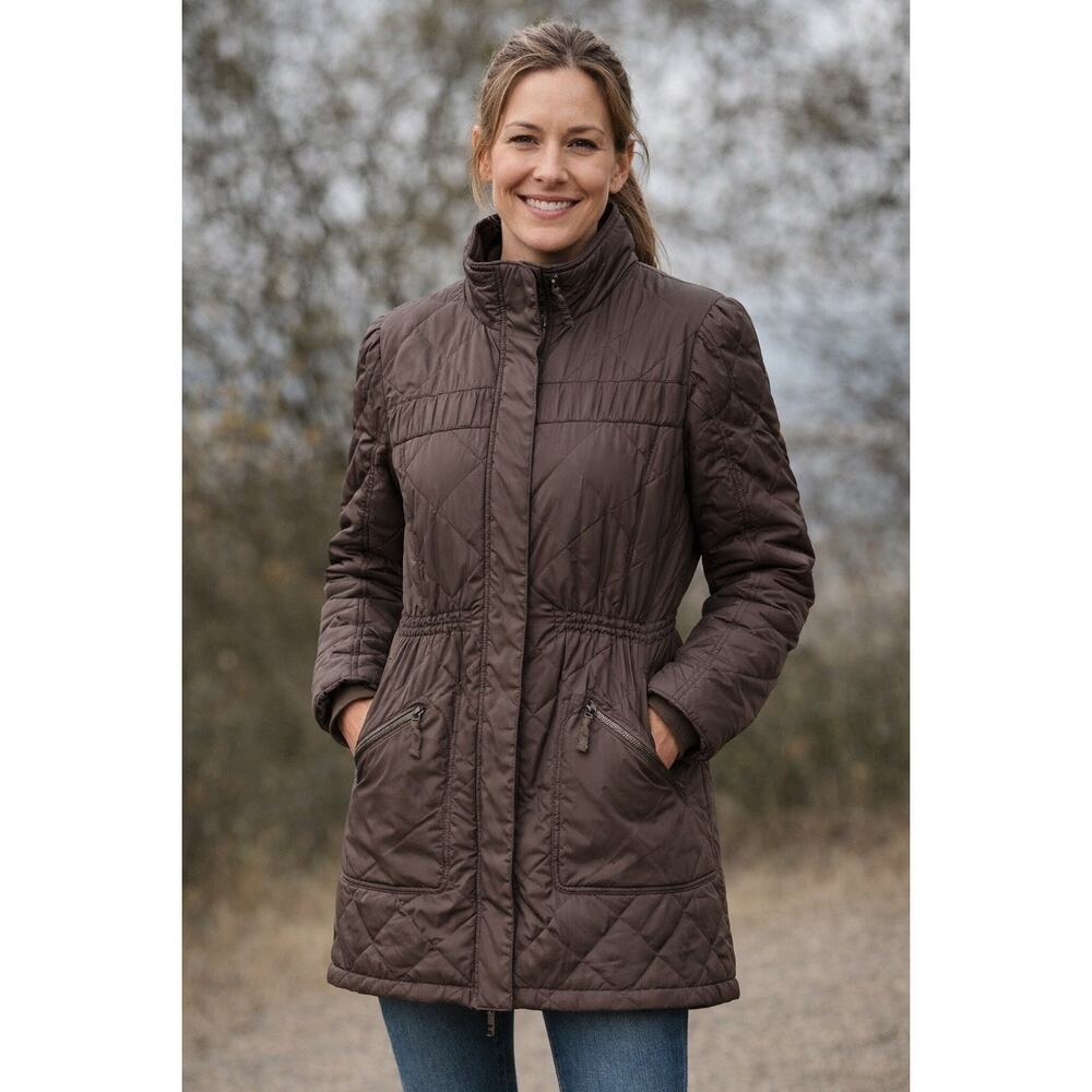Title Nine Women's Brown Quilted Puffer Jacket Removable Hood Full Zip Outdoor